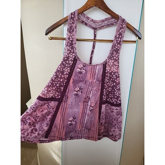 Small Mudd Boho Purples Pink Floral Print Lace Accent Back Sleeveless Tank Top - Picture 10 of 13